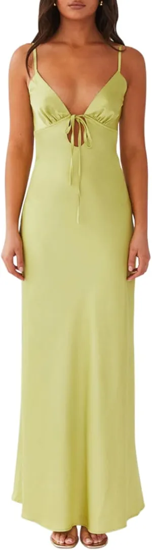 NUFIWI Women Spaghetti Strap Satin Maxi Dress V Neck Cutout Bodycon Long Dress Backless Party Cocktail Wedding Dress
