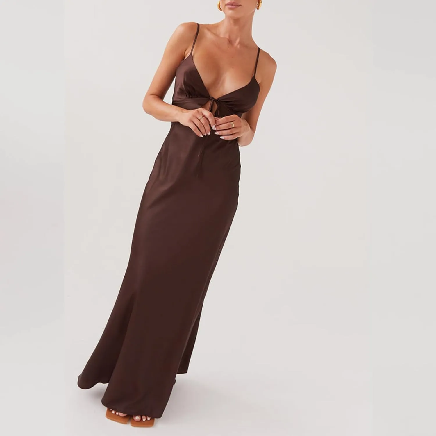 NUFIWI Women Spaghetti Strap Satin Maxi Dress V Neck Cutout Bodycon Long Dress Backless Party Cocktail Wedding Dress