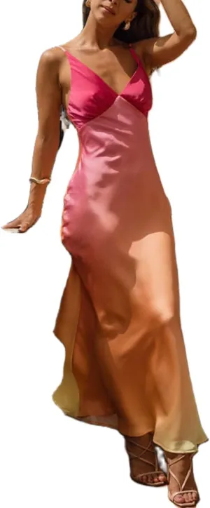 NUFIWI Women Spaghetti Strap Satin Maxi Dress V Neck Cutout Bodycon Long Dress Backless Party Cocktail Wedding Dress