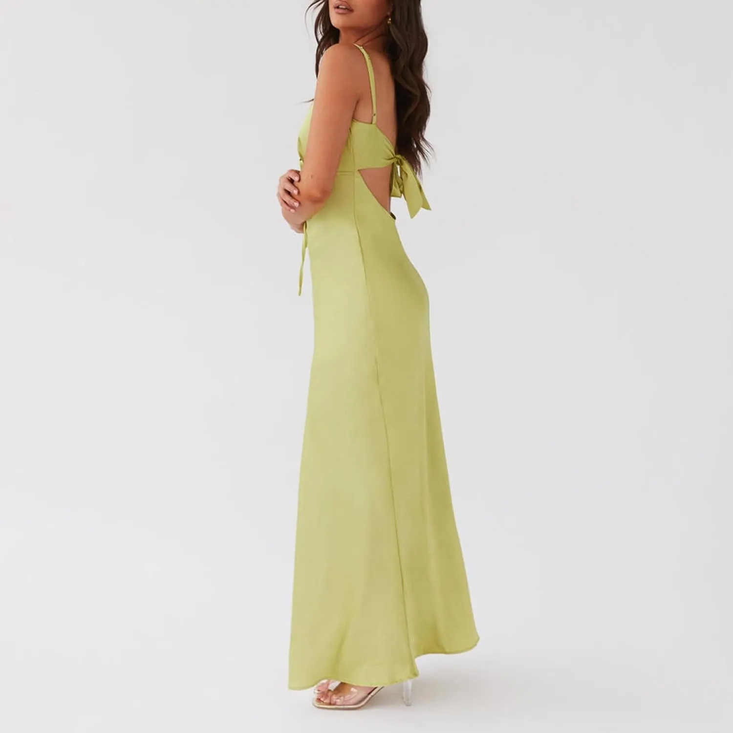 NUFIWI Women Spaghetti Strap Satin Maxi Dress V Neck Cutout Bodycon Long Dress Backless Party Cocktail Wedding Dress