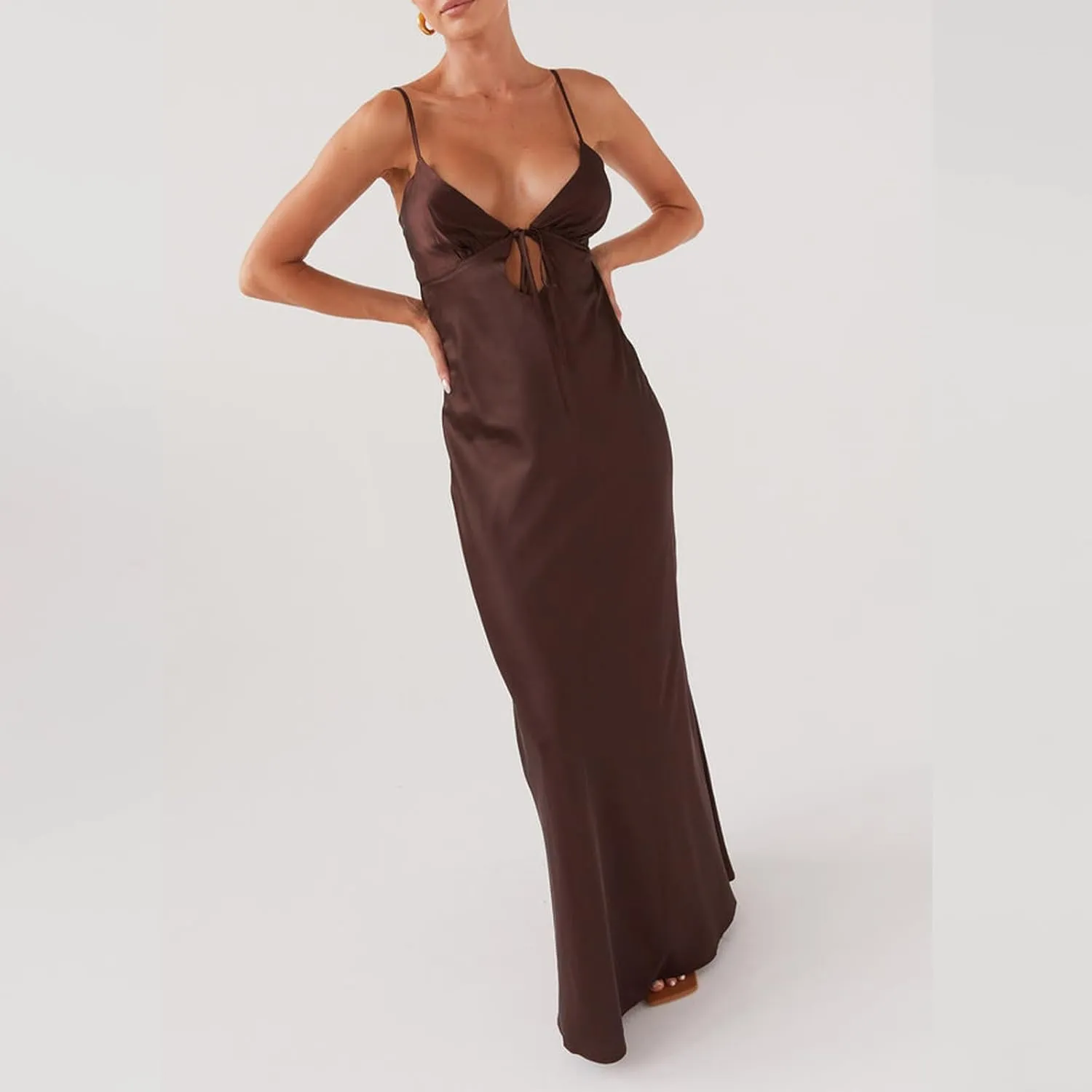NUFIWI Women Spaghetti Strap Satin Maxi Dress V Neck Cutout Bodycon Long Dress Backless Party Cocktail Wedding Dress