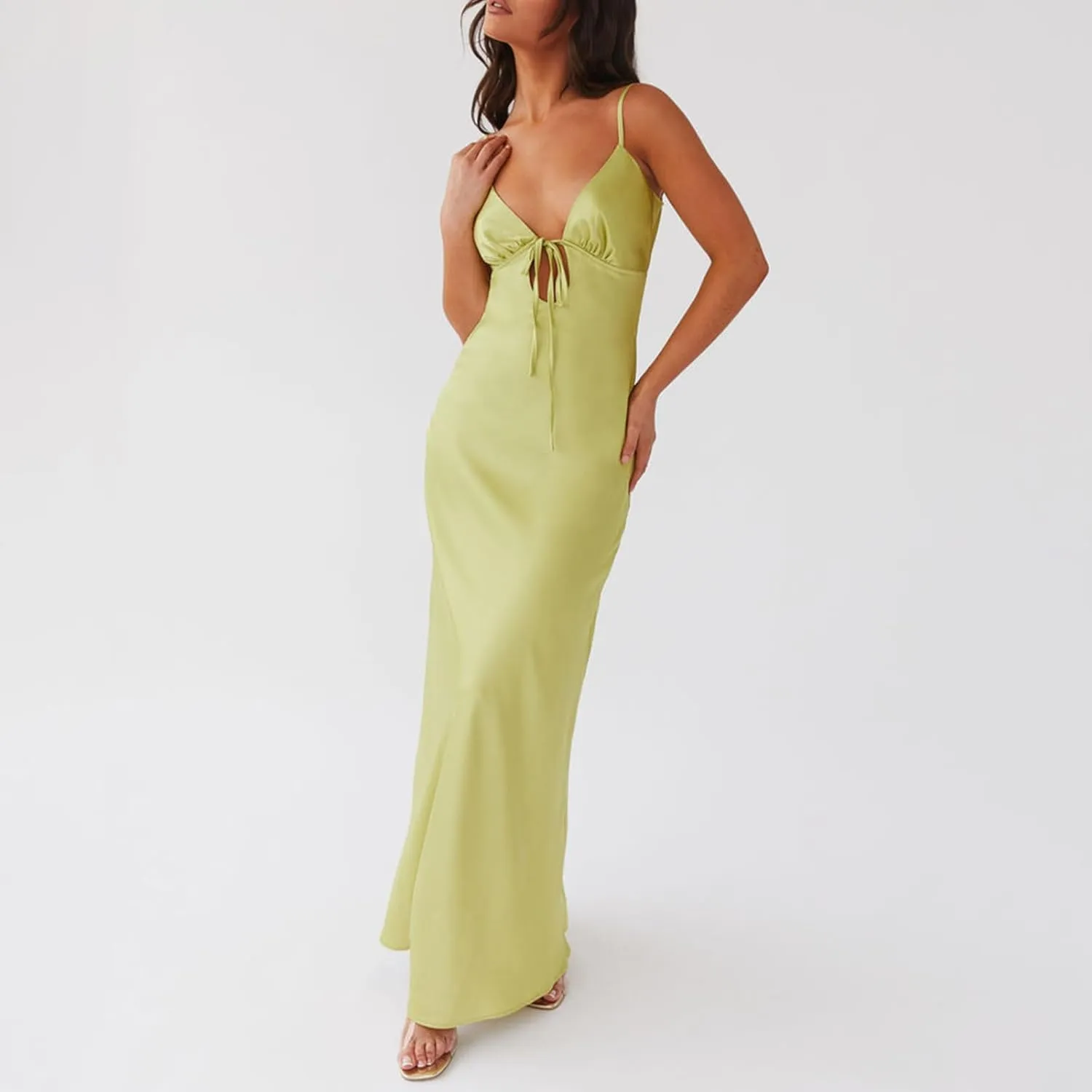 NUFIWI Women Spaghetti Strap Satin Maxi Dress V Neck Cutout Bodycon Long Dress Backless Party Cocktail Wedding Dress