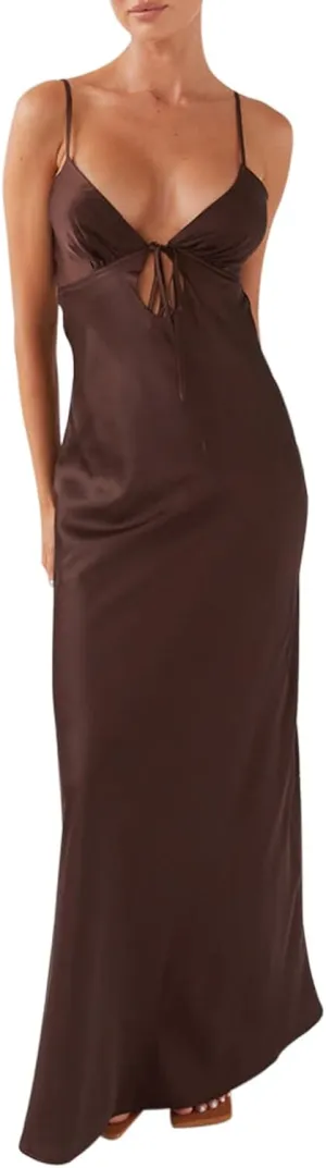 NUFIWI Women Spaghetti Strap Satin Maxi Dress V Neck Cutout Bodycon Long Dress Backless Party Cocktail Wedding Dress
