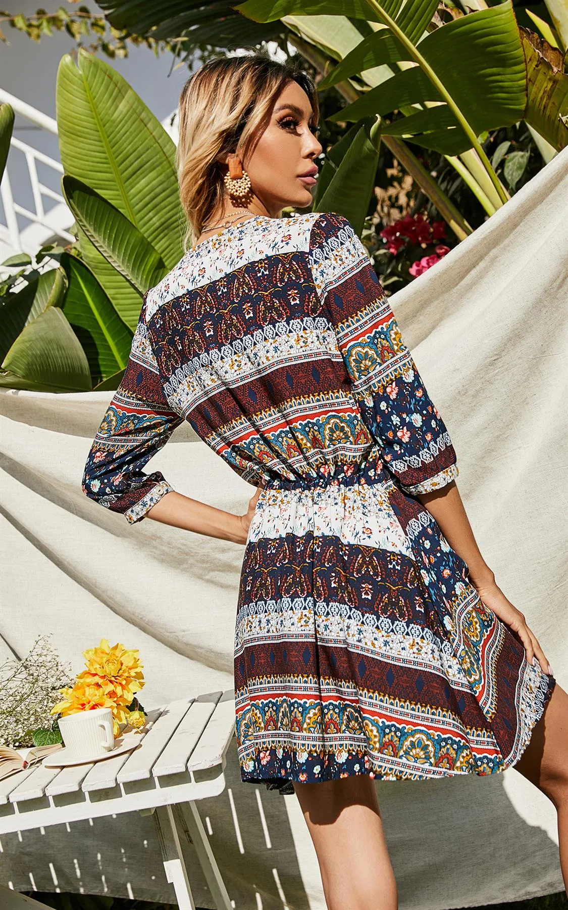 Paisley Floral Boho Summer Mini Dress In Navy