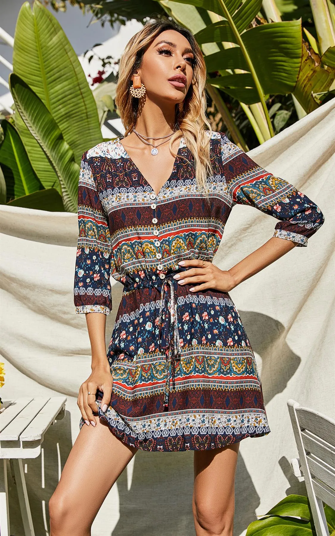 Paisley Floral Boho Summer Mini Dress In Navy