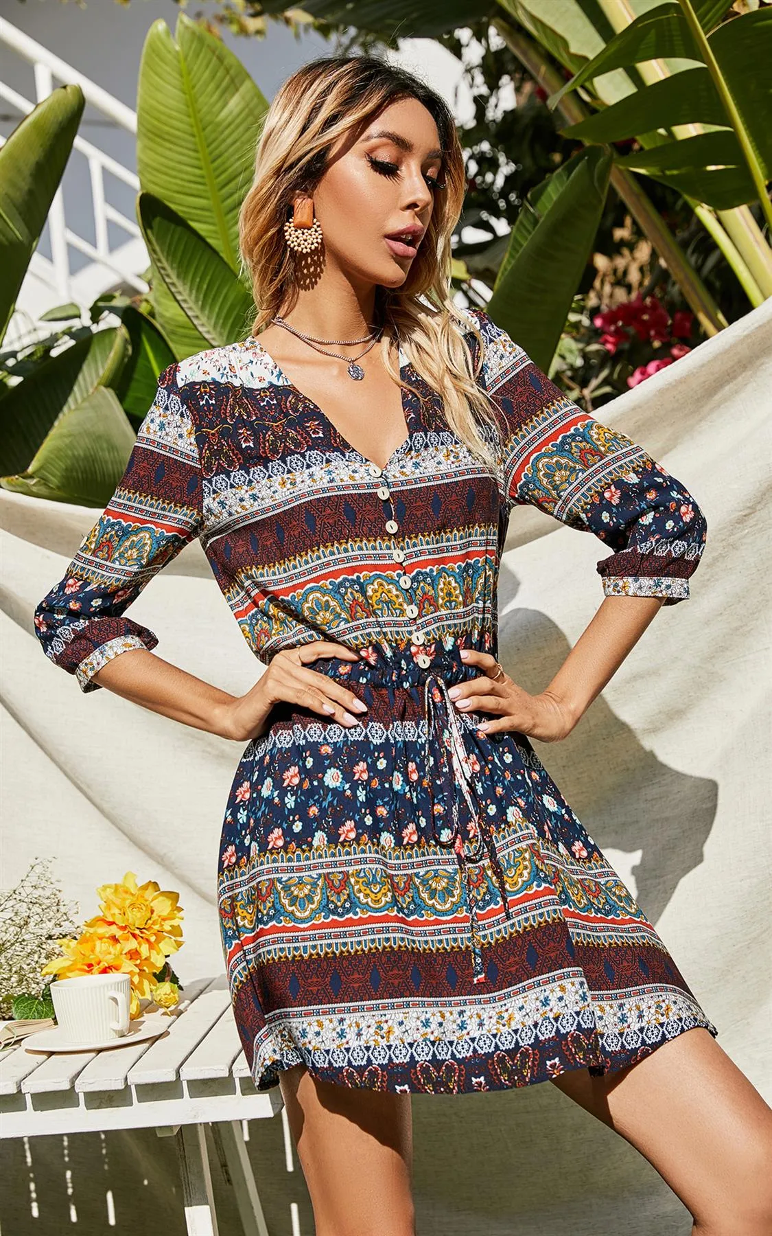Paisley Floral Boho Summer Mini Dress In Navy