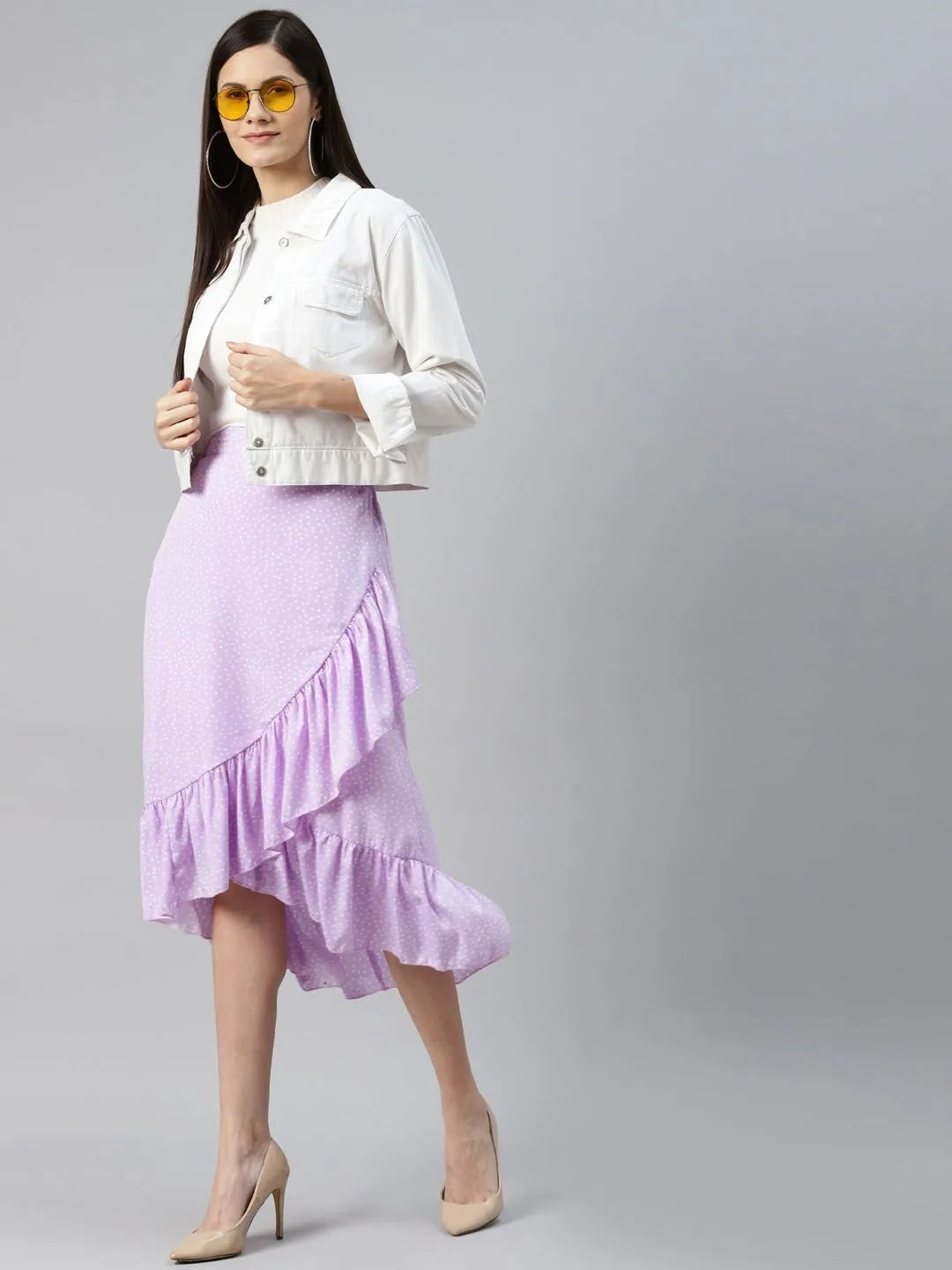 plusS Women Lavender  White Polka Dots Print Wrap Midi Skirt With Ruffles Detail