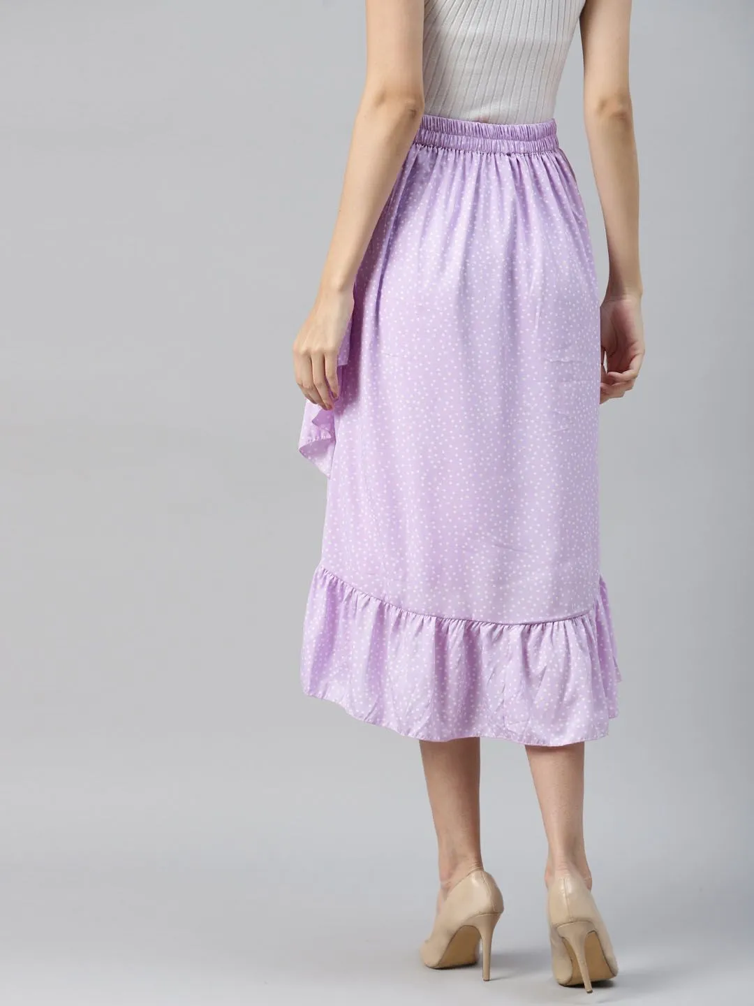 plusS Women Lavender  White Polka Dots Print Wrap Midi Skirt With Ruffles Detail
