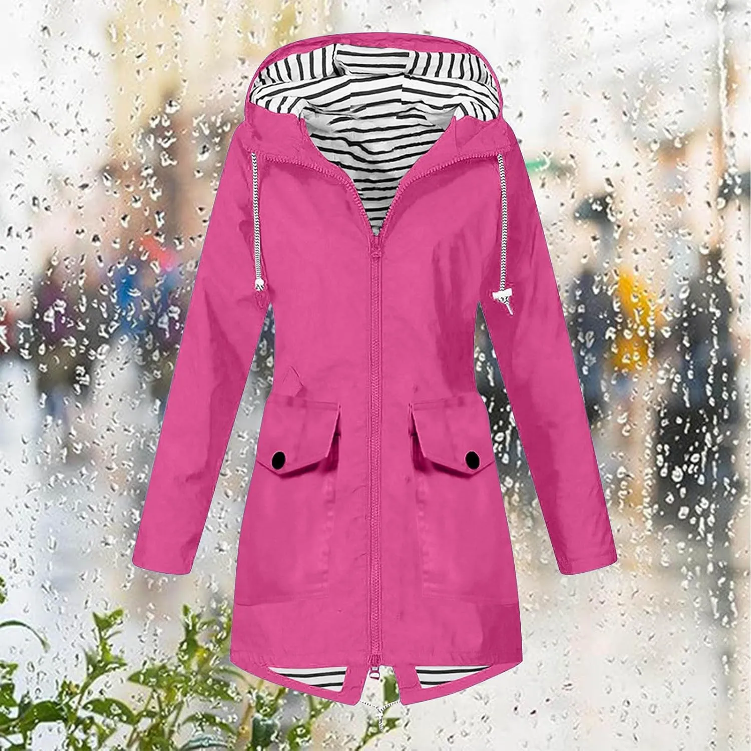 Rain Coats For Women Hiking Nylon Waterproof Hooded Zipper Length Coat Fall Winter Solid Color Outdoor Rain Jackets