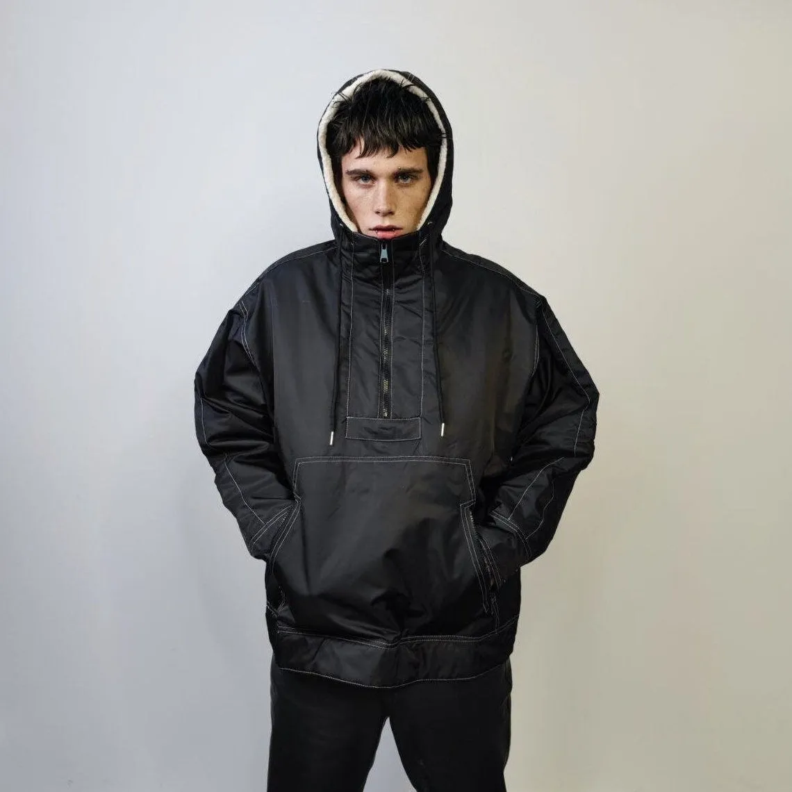 Raised neck bomber jacket fleece windbreaker hooded nylon coat half zip pullover grunge utility coat unisex premium motorcycle coat in black