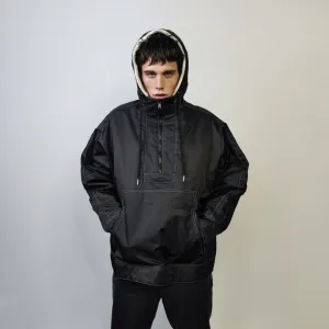 Raised neck bomber jacket fleece windbreaker hooded nylon coat half zip pullover grunge utility coat unisex premium motorcycle coat in black