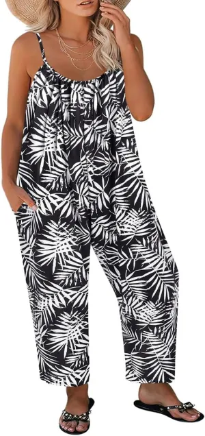 RITERA Plus Size Romper For Women Sleeveless Jumpsuits Adjustable Strap Long Wide Leg Pant Side Pocket Dressy Flowy XL-5XL