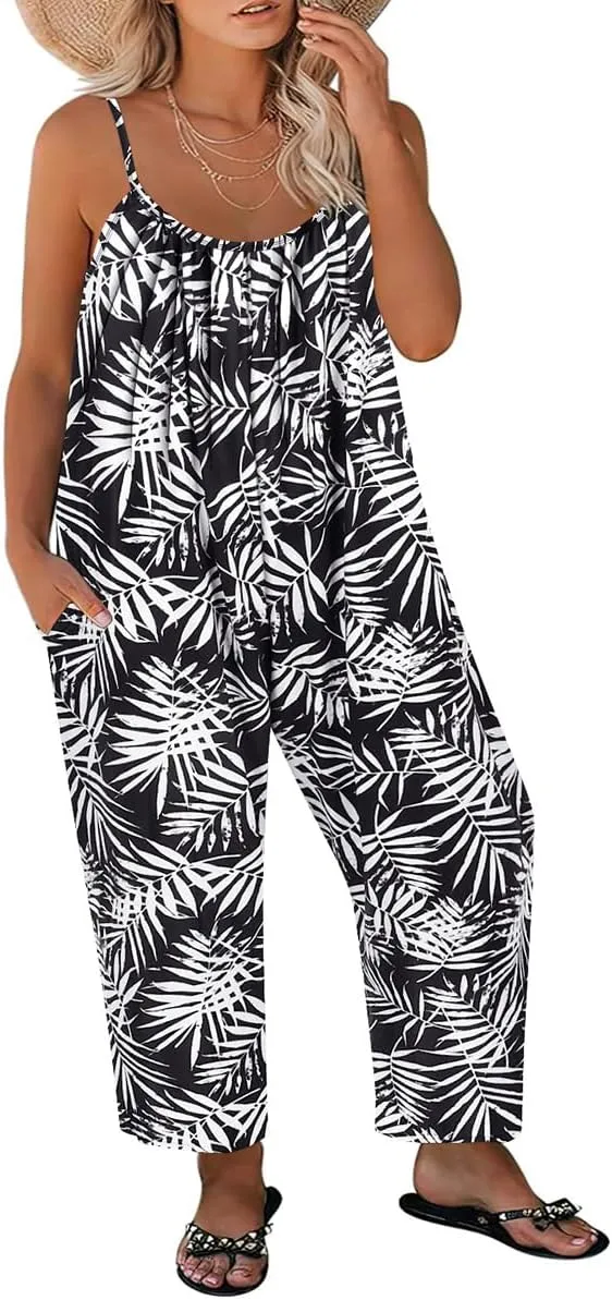RITERA Plus Size Romper For Women Sleeveless Jumpsuits Adjustable Strap Long Wide Leg Pant Side Pocket Dressy Flowy XL-5XL