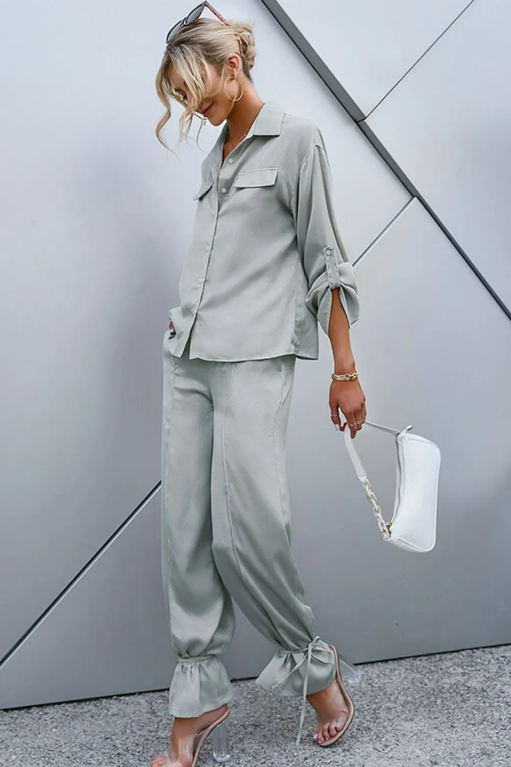 Roll-Tab Sleeve Shirt and Ankle-Tie Pants Set