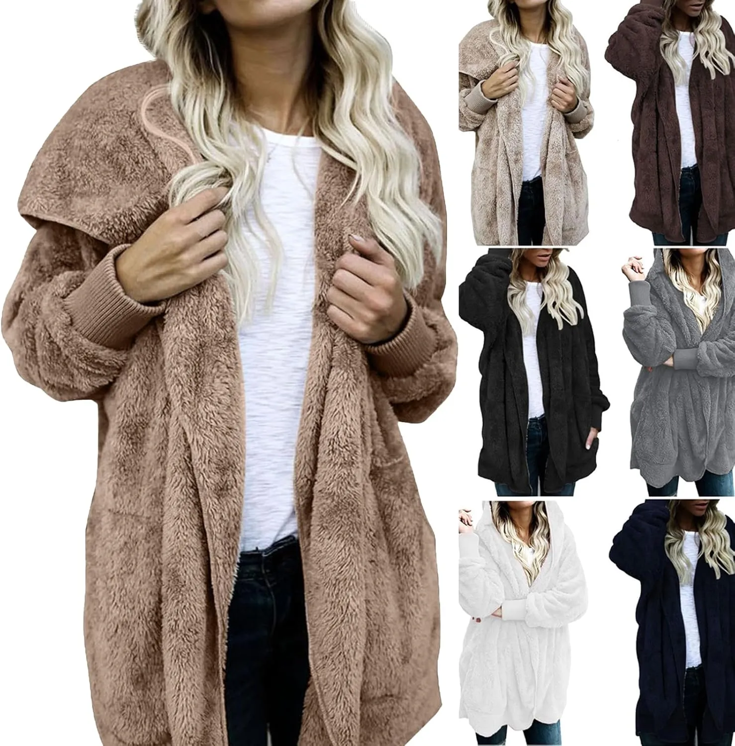 Sherpa Jacket Women Fuzzy Fleece Hooded Cardigan Open Front Fluffy Sweaters Chunky Long Sleeve Plus Size Winter Faux Fur Teddy Coat Warm Womens Sherpa Teddy Jacket Fuzzy Jacket Hooded Cardigan
