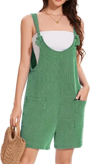 Striped Overalls for Women Loose Fit Casual Rompers Short Jumpsuits Summer Beach Outfits Tie Adjustable Straps