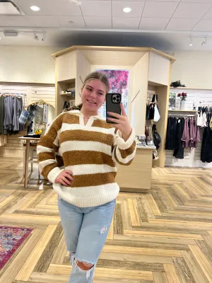 Teddy Bear Sweater - V Neck Striped Camel and Creme LAST ONE!