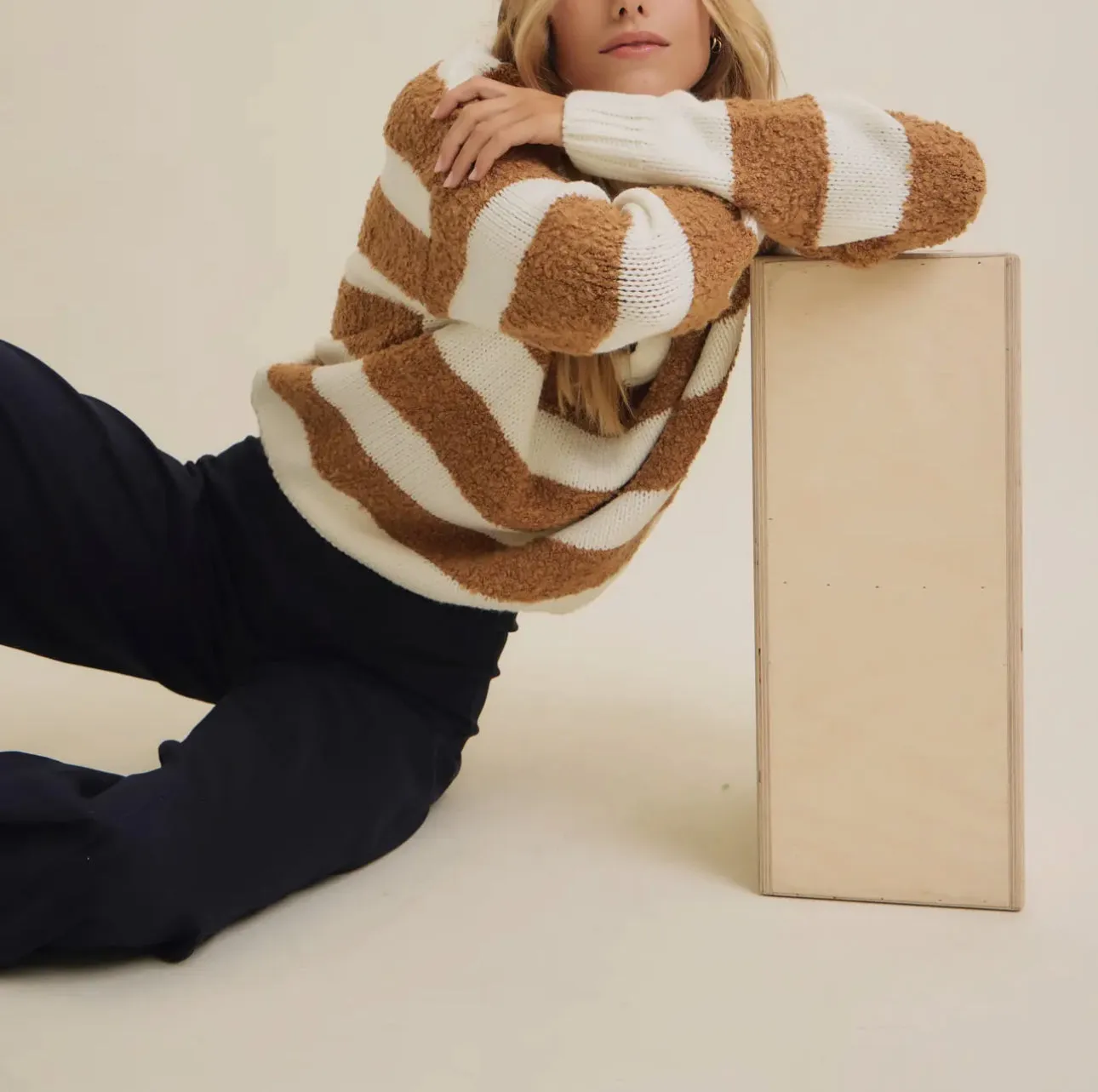 Teddy Bear Sweater - V Neck Striped Camel and Creme LAST ONE!
