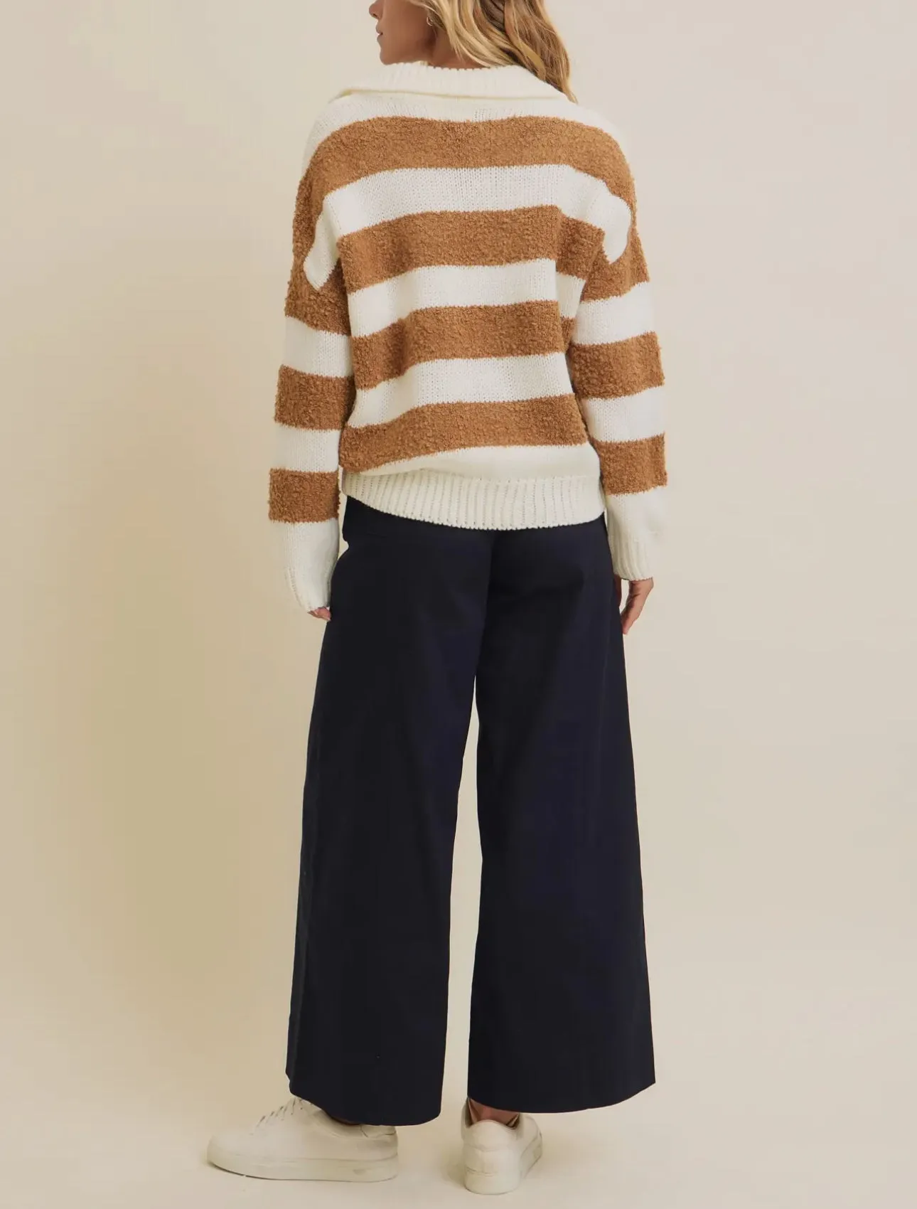Teddy Bear Sweater - V Neck Striped Camel and Creme LAST ONE!