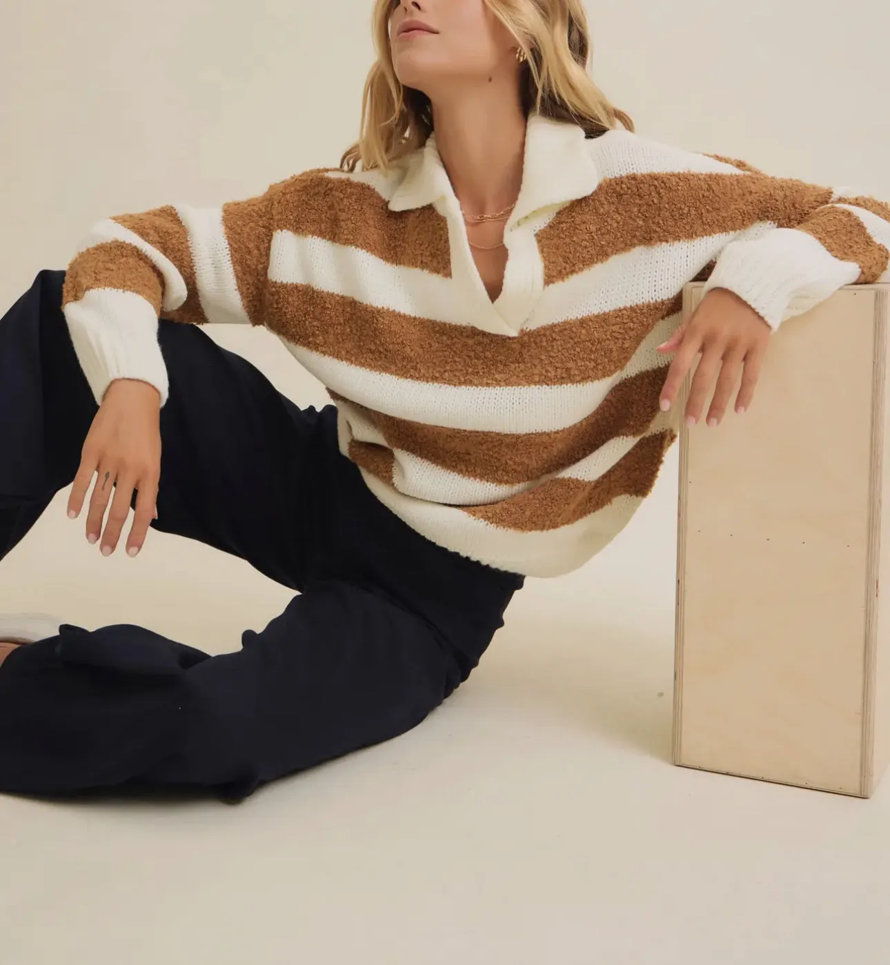 Teddy Bear Sweater - V Neck Striped Camel and Creme LAST ONE!