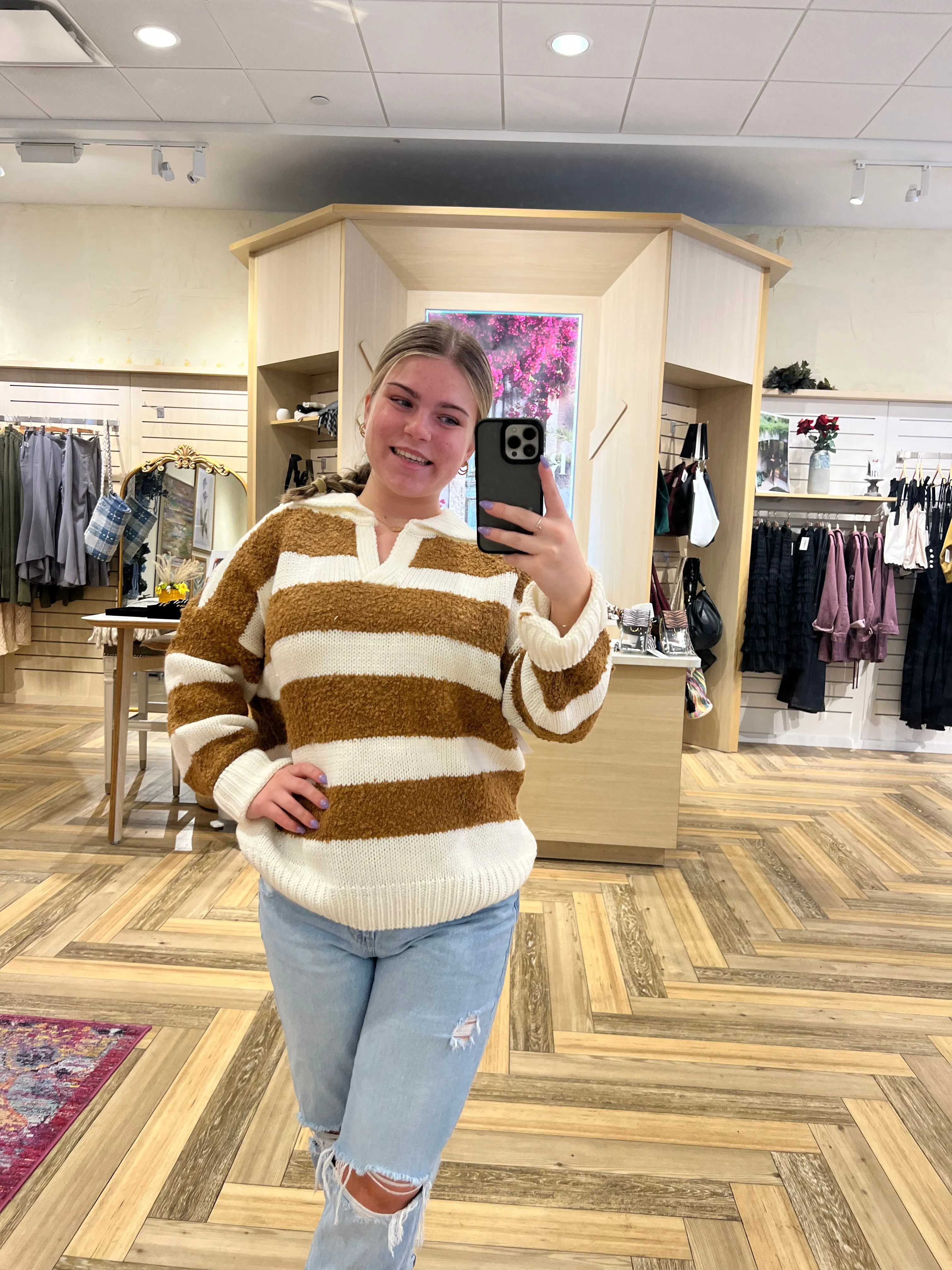 Teddy Bear Sweater - V Neck Striped Camel and Creme LAST ONE!