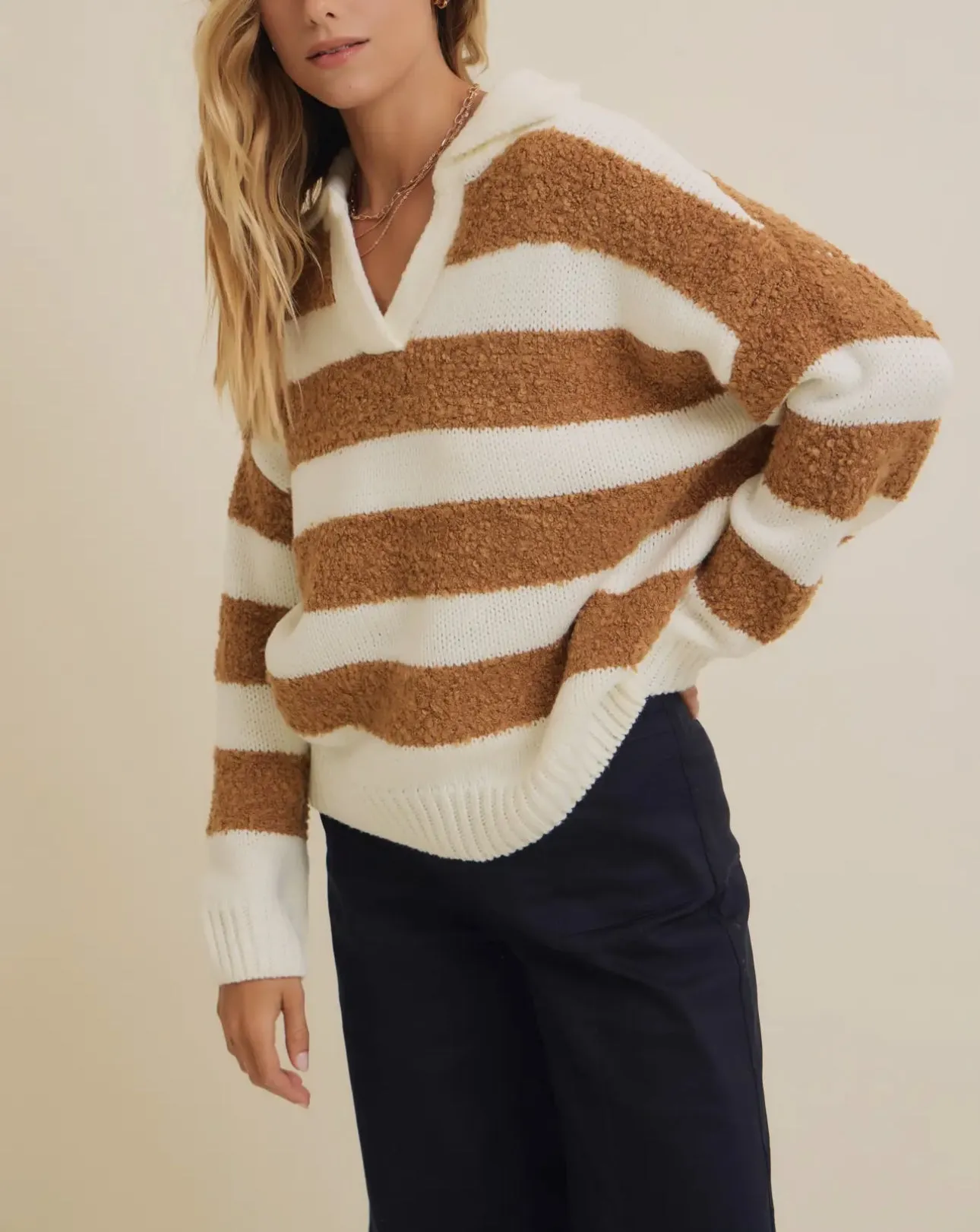 Teddy Bear Sweater - V Neck Striped Camel and Creme LAST ONE!