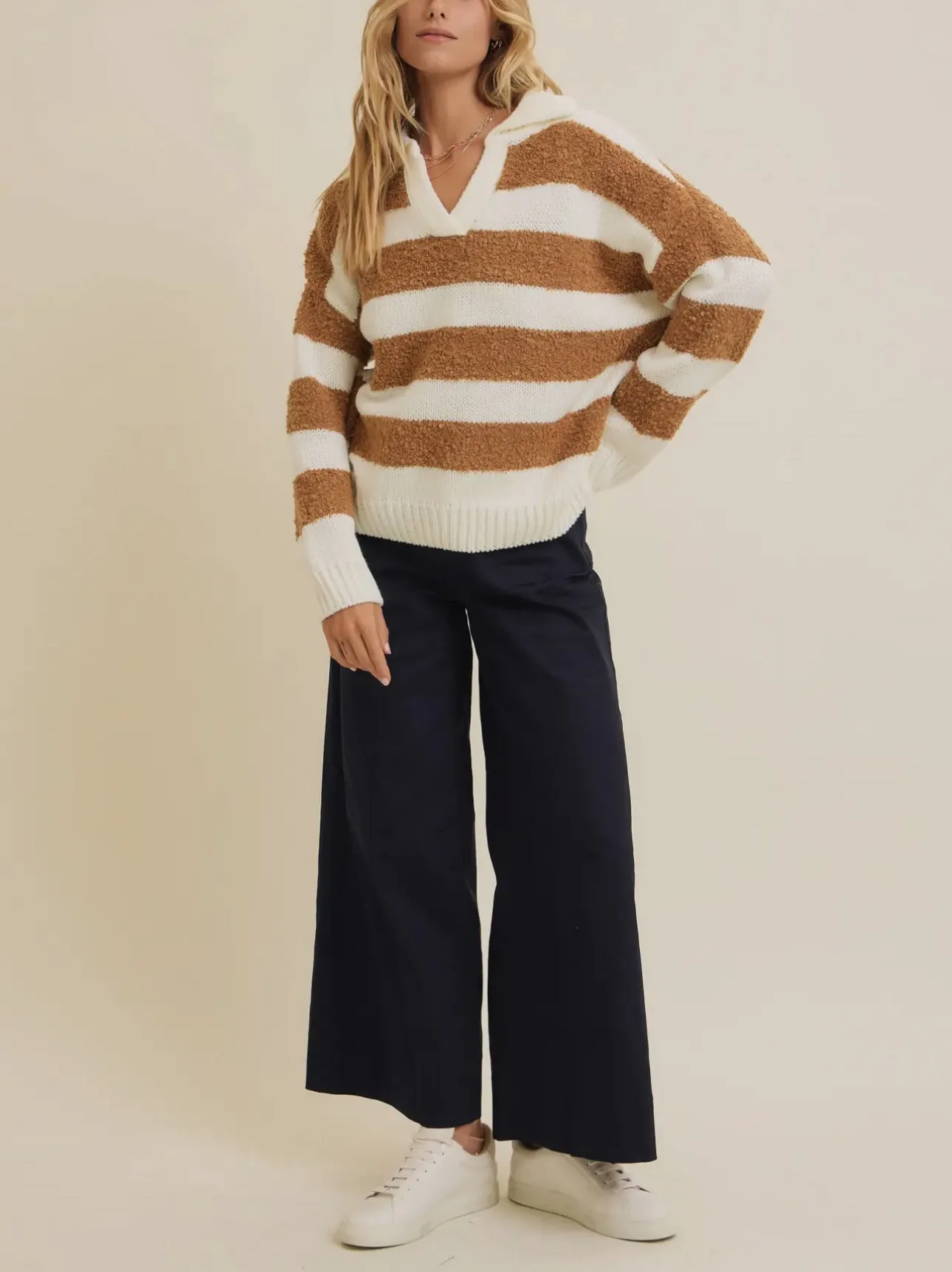 Teddy Bear Sweater - V Neck Striped Camel and Creme LAST ONE!