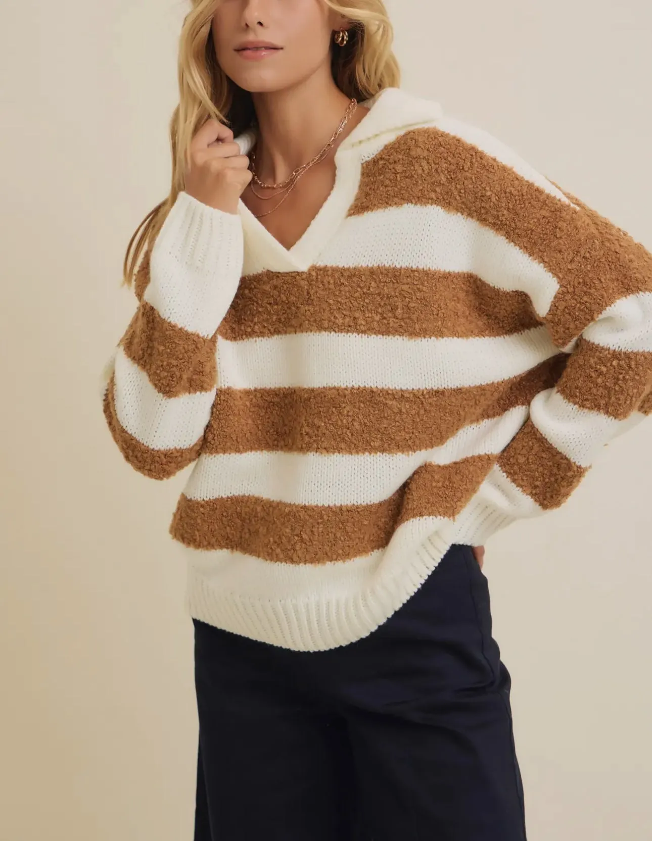 Teddy Bear Sweater - V Neck Striped Camel and Creme LAST ONE!