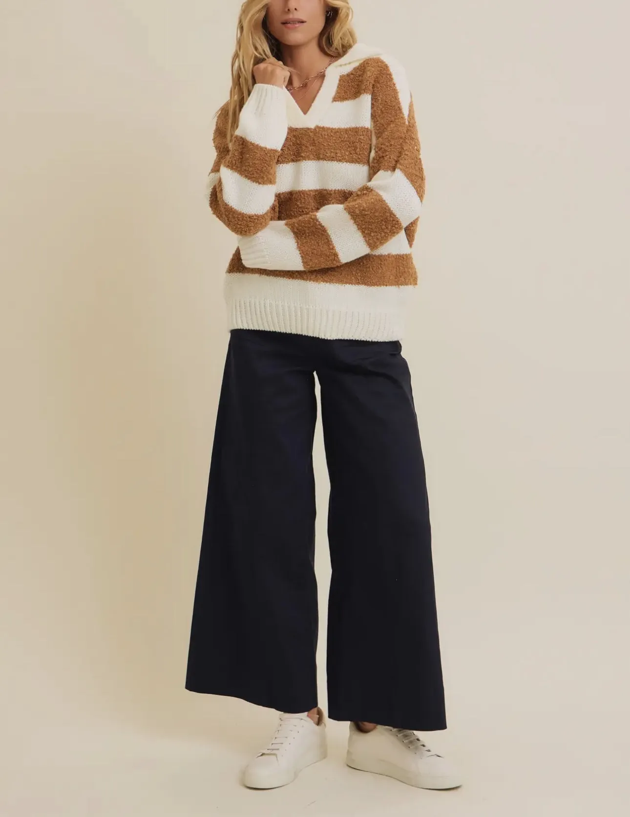 Teddy Bear Sweater - V Neck Striped Camel and Creme LAST ONE!