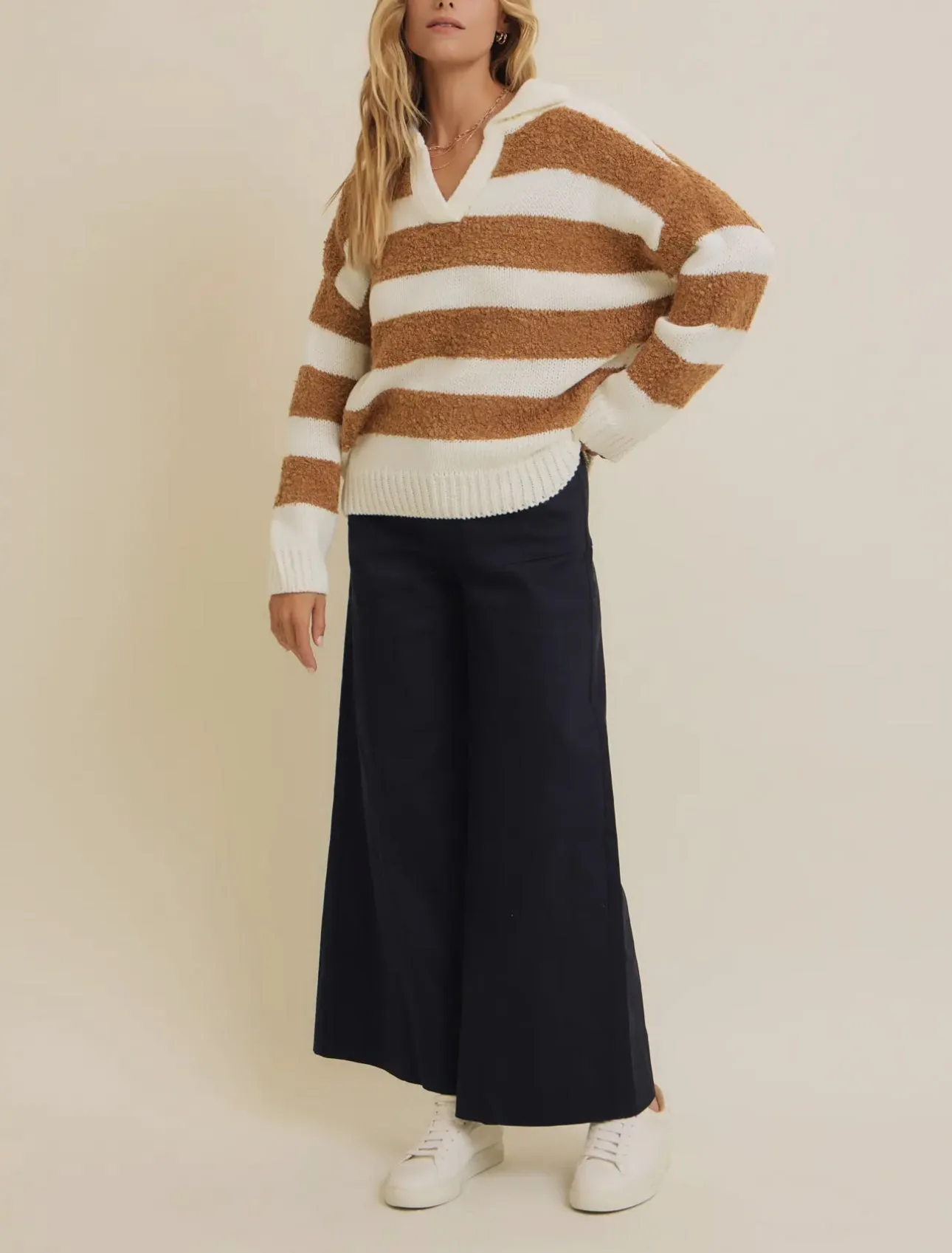 Teddy Bear Sweater - V Neck Striped Camel and Creme LAST ONE!