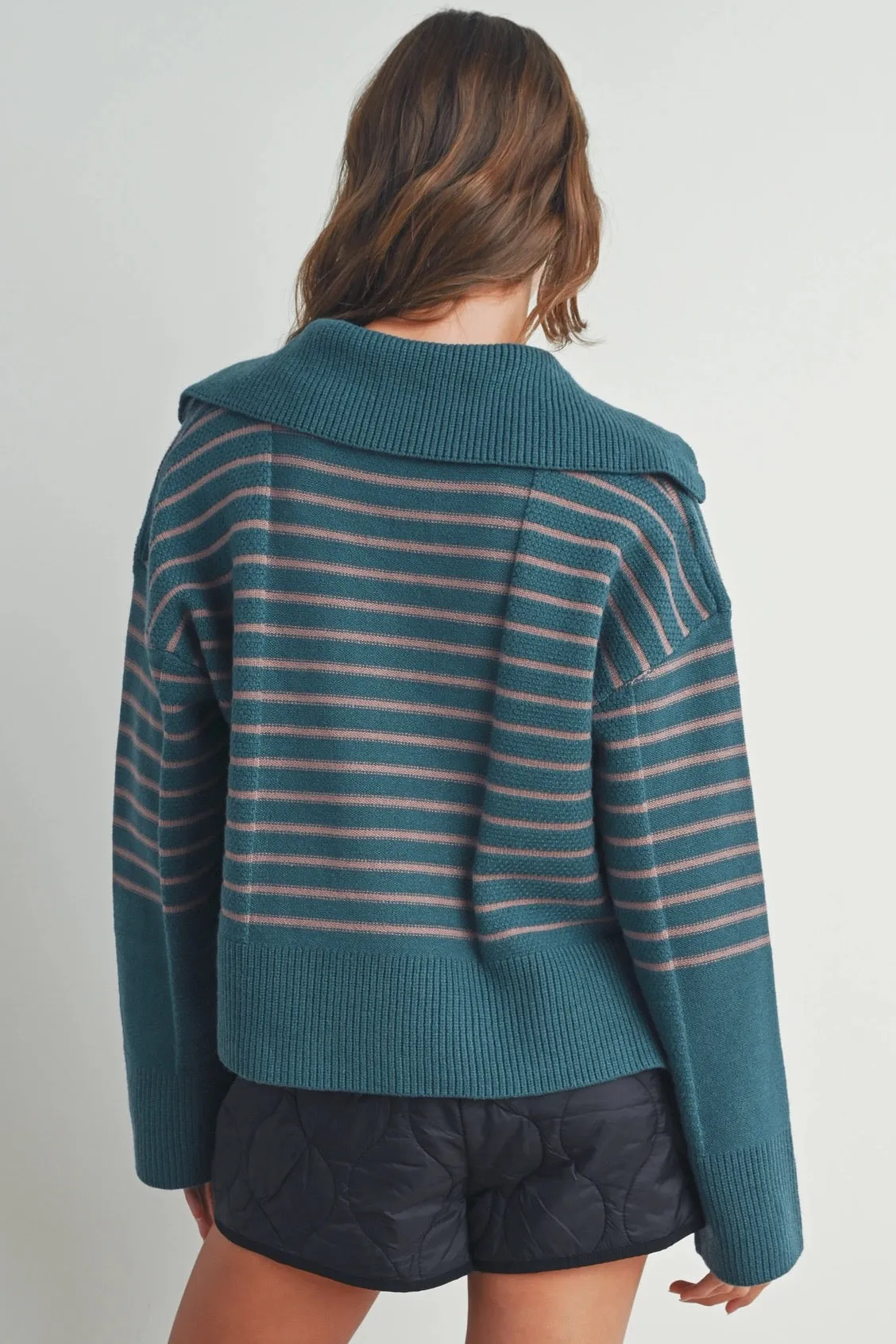 Textured Striped V-Neck Big Collar Teal