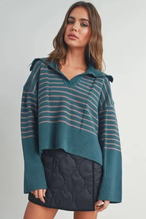 Textured Striped V-Neck Big Collar Teal