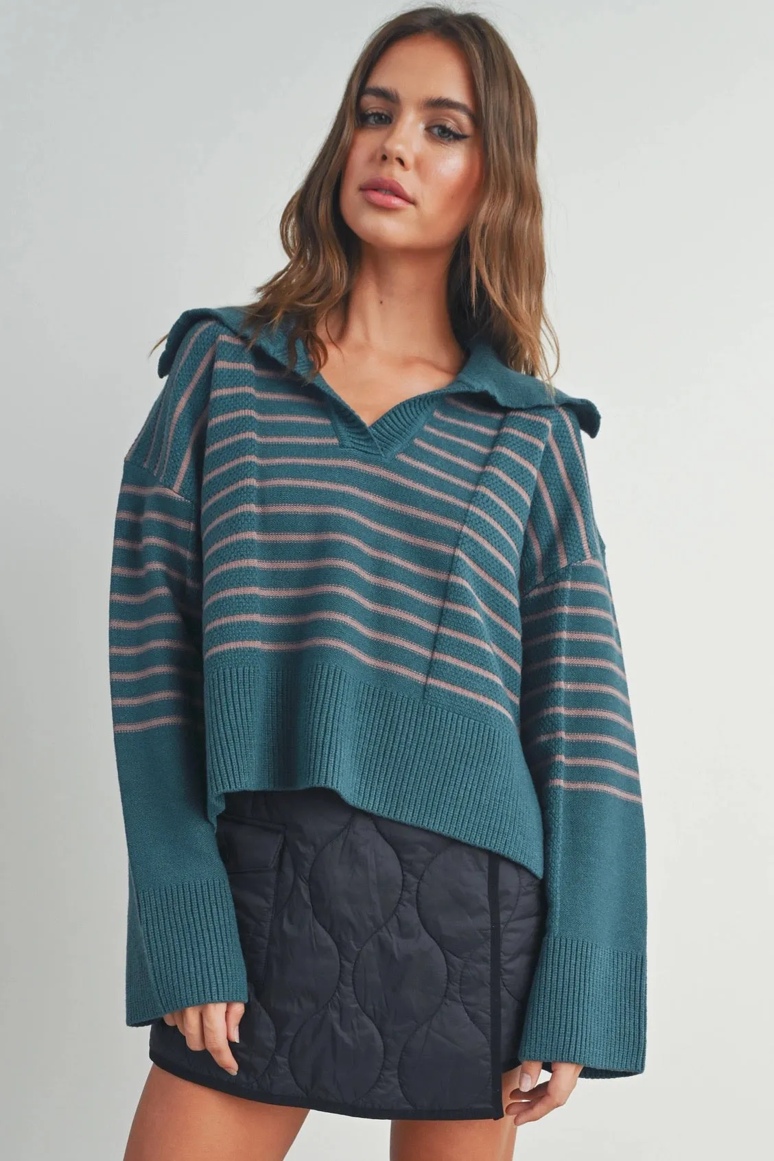 Textured Striped V-Neck Big Collar Teal
