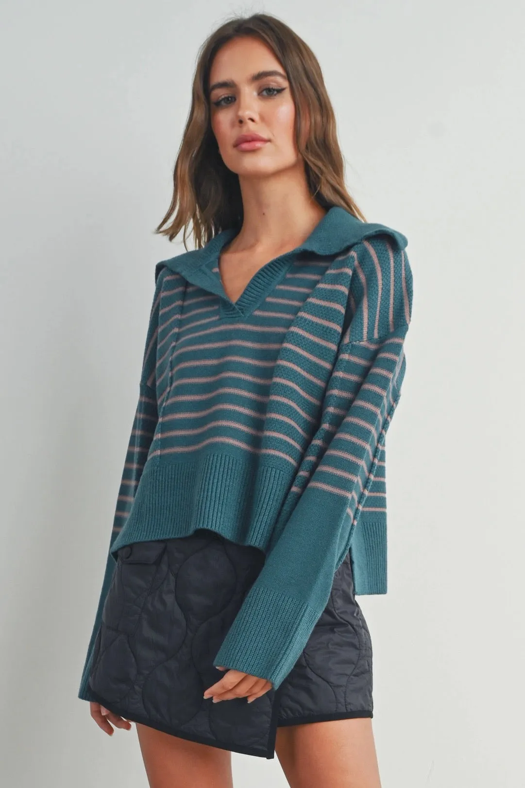 Textured Striped V-Neck Big Collar Teal