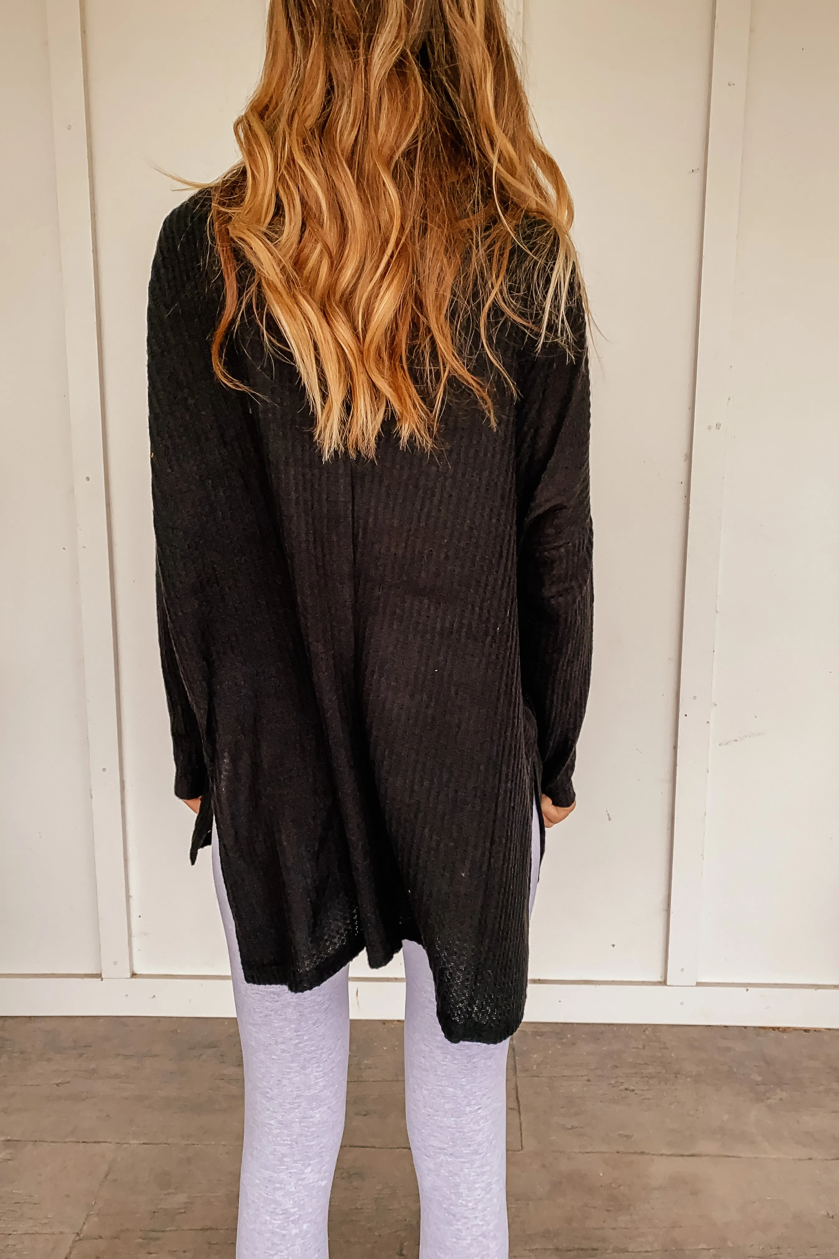 Thermal Waffle Knit Cowl Neck Tunic in Black