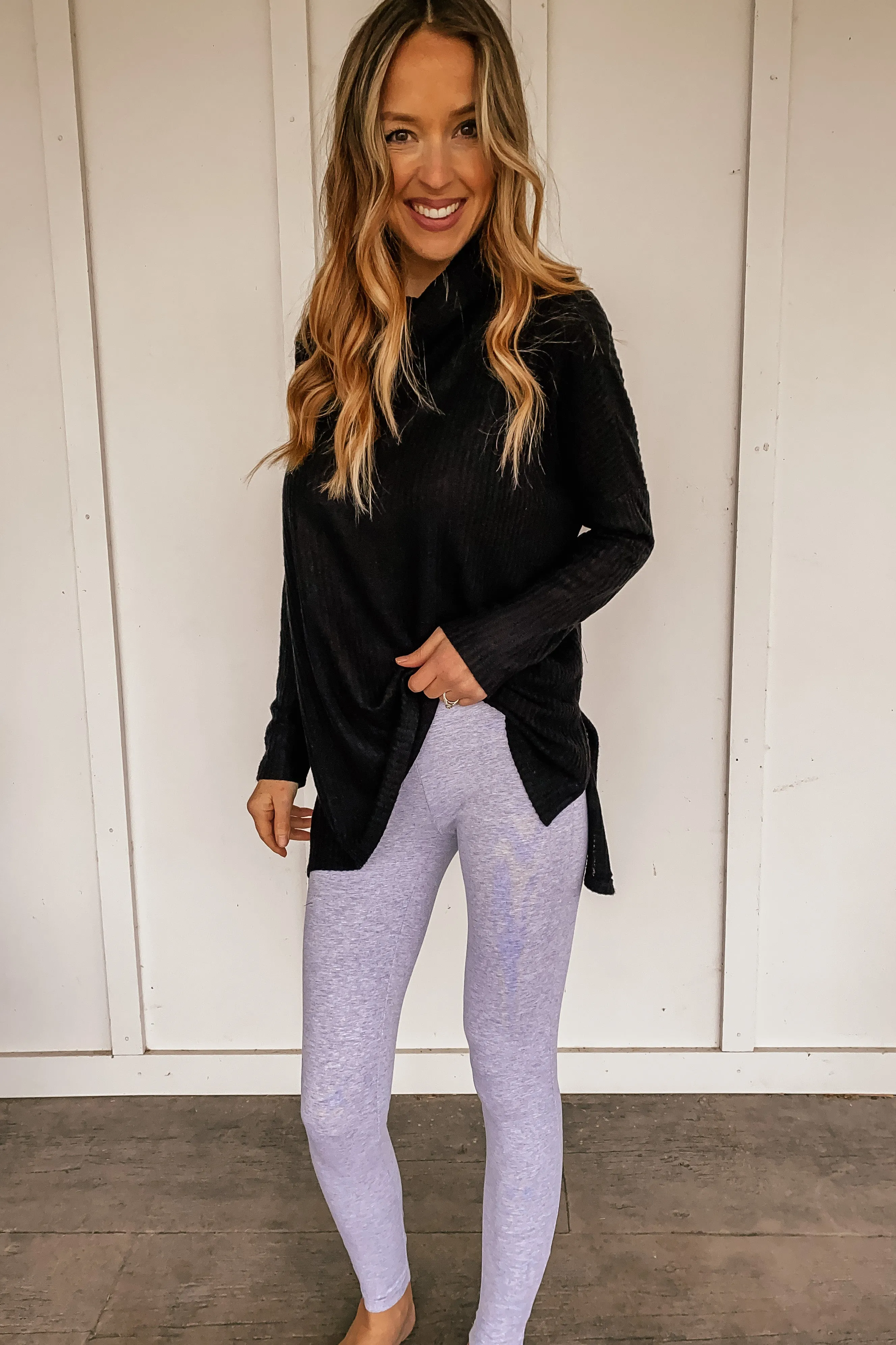 Thermal Waffle Knit Cowl Neck Tunic in Black