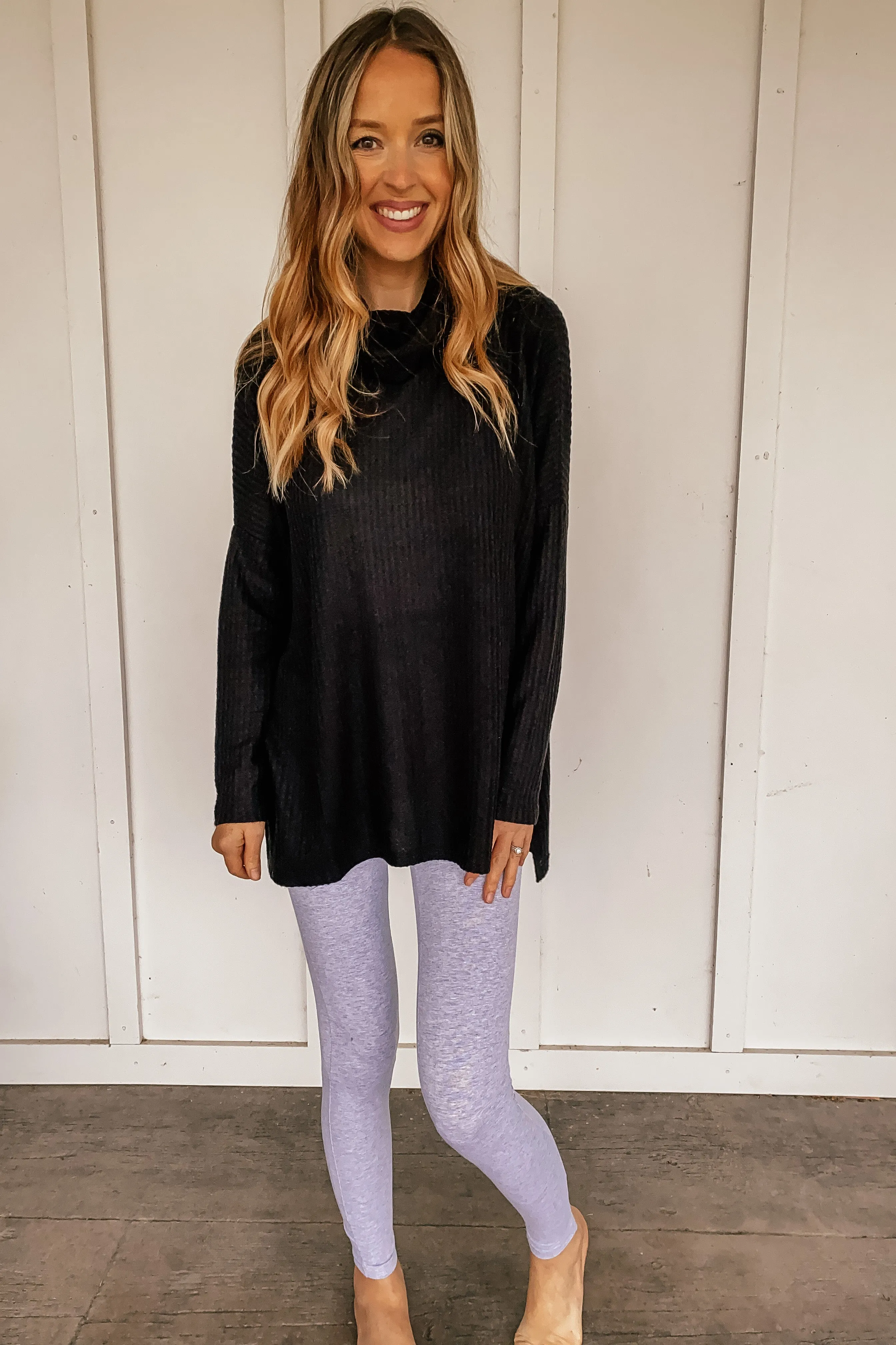 Thermal Waffle Knit Cowl Neck Tunic in Black