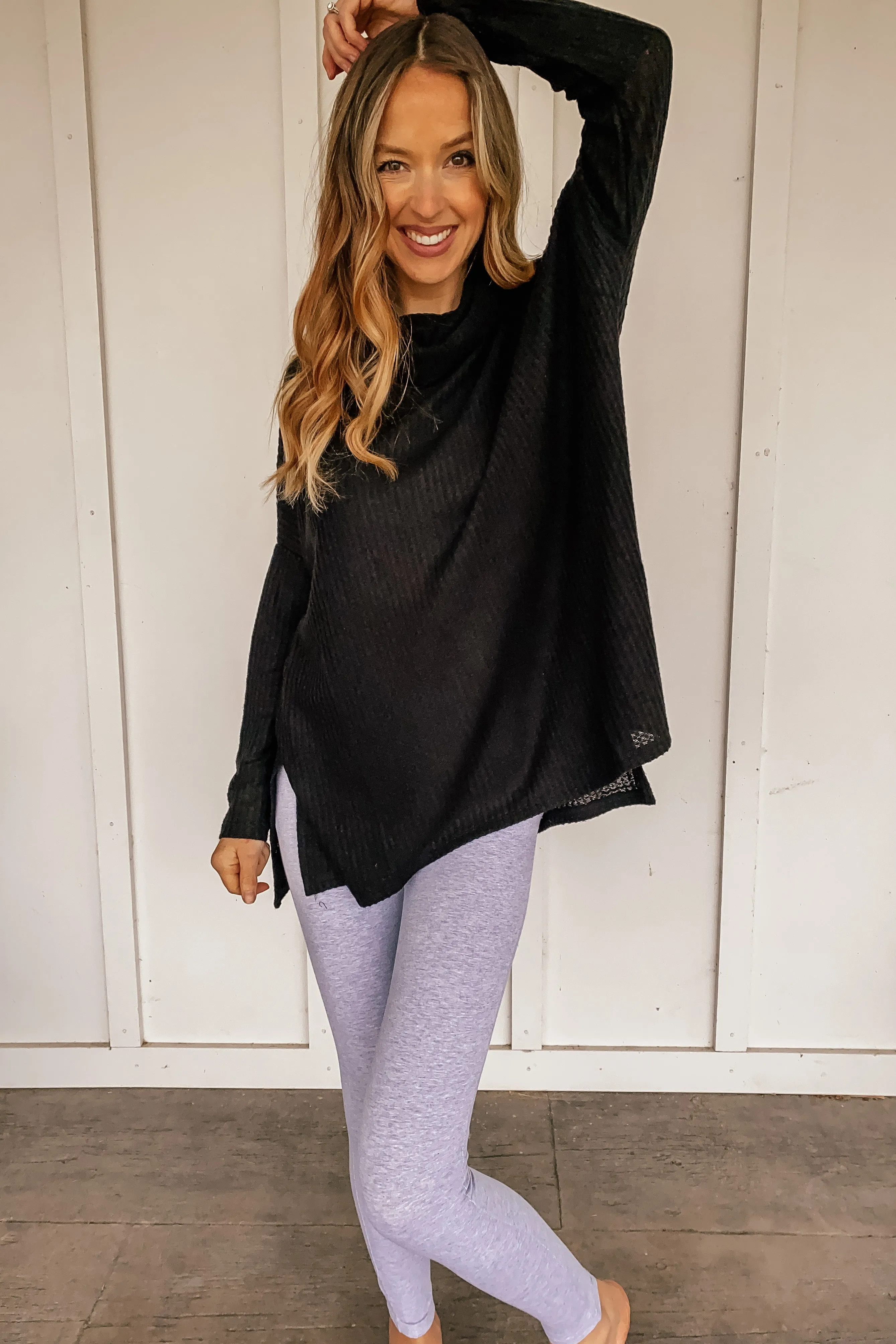 Thermal Waffle Knit Cowl Neck Tunic in Black