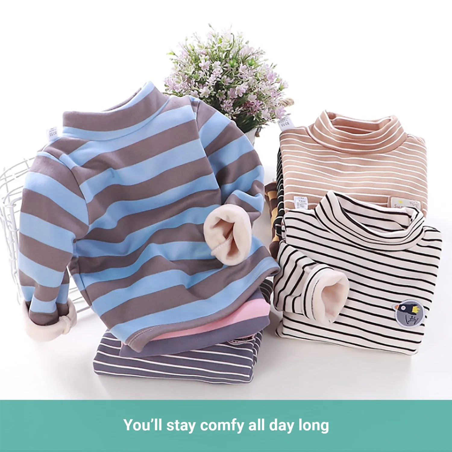 Truboo Kids Winter Long Sleeve T-Shirt Unisex Fleece Sweater Striped Thickening