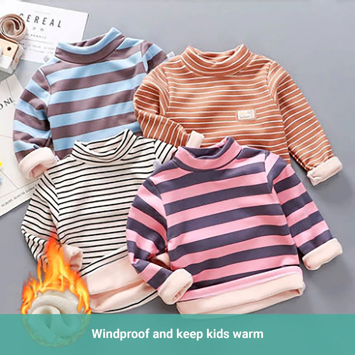 Truboo Kids Winter Long Sleeve T-Shirt Unisex Fleece Sweater Striped Thickening