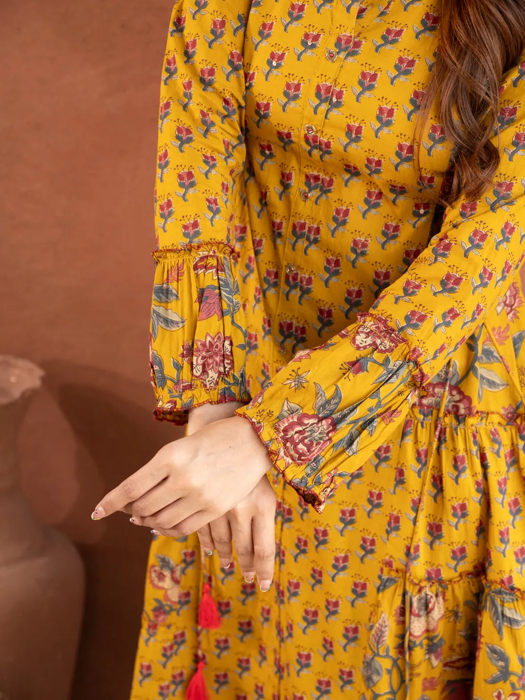 Turmeric Yellow Floral Print Cotton Dress