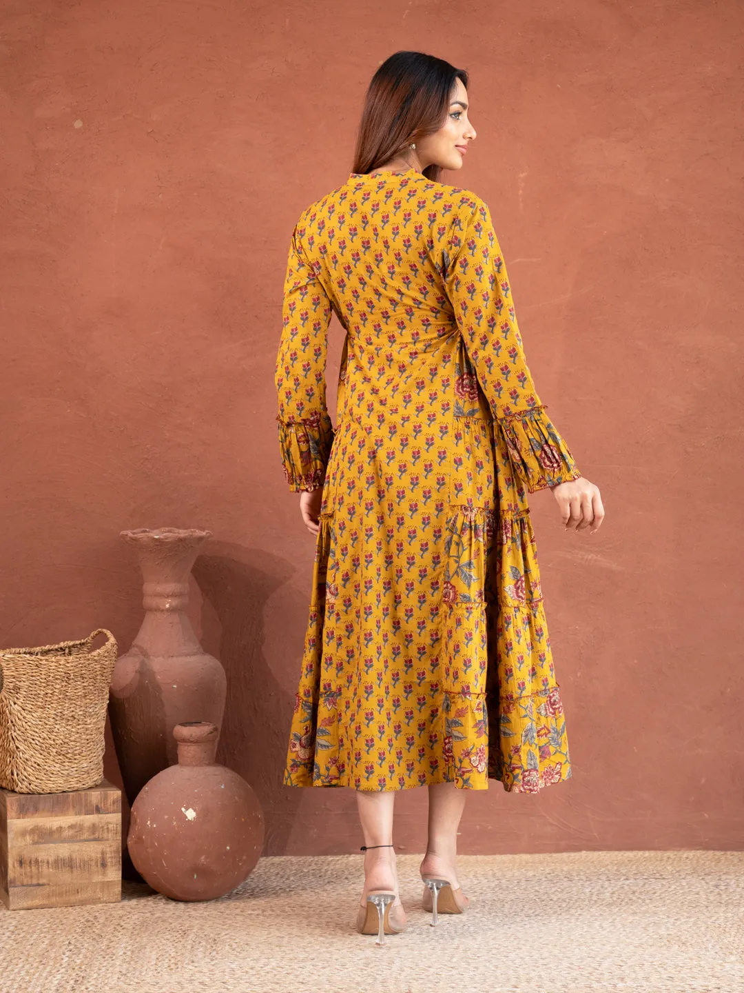 Turmeric Yellow Floral Print Cotton Dress
