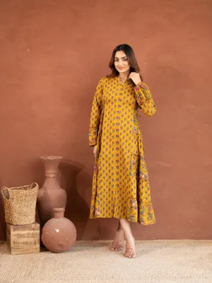 Turmeric Yellow Floral Print Cotton Dress