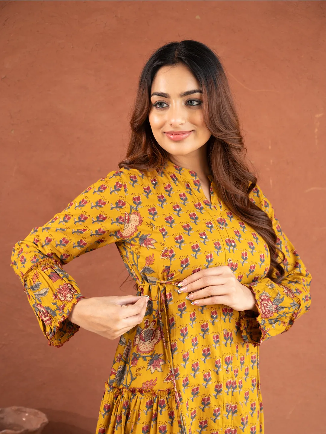 Turmeric Yellow Floral Print Cotton Dress