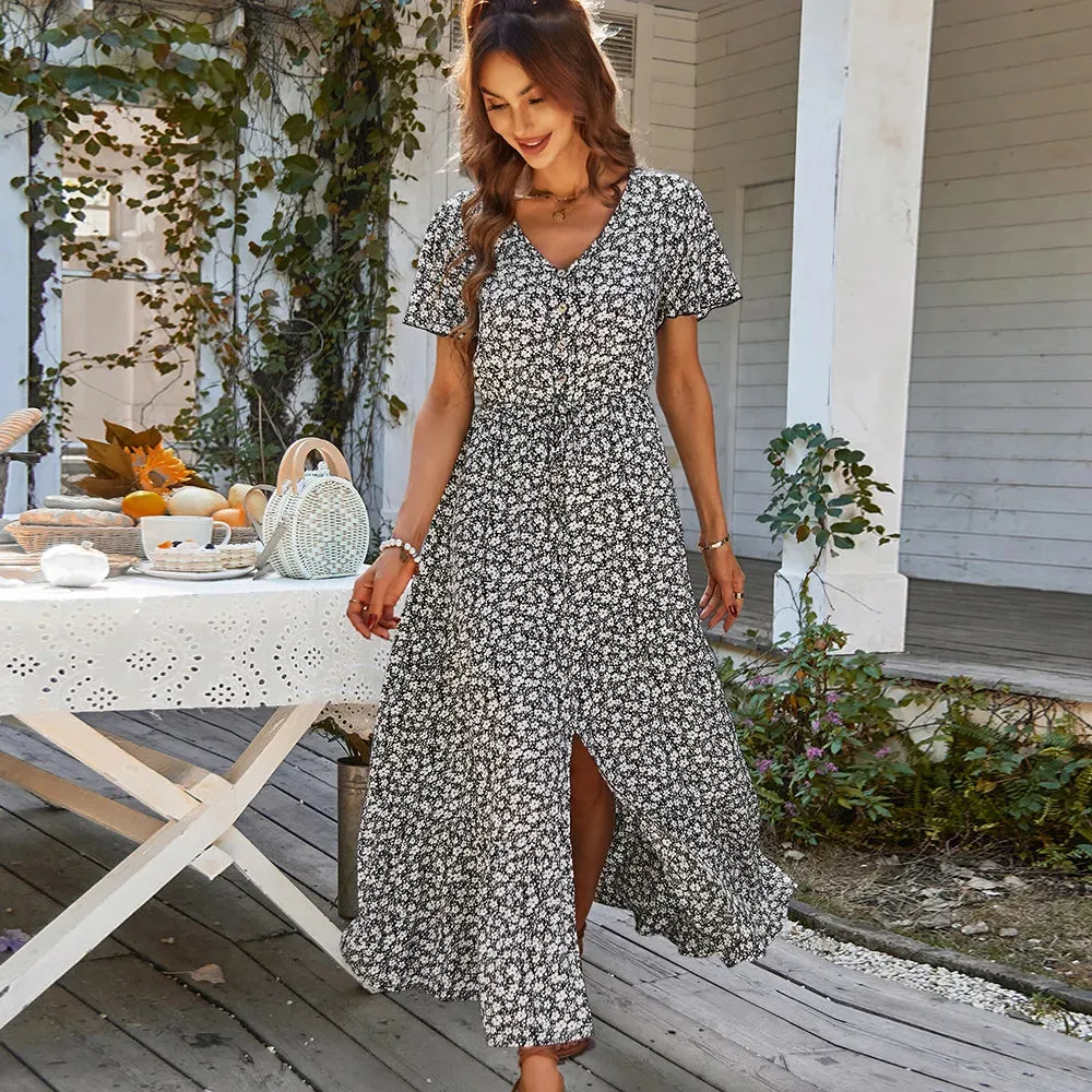 Vintage Floral Dresses for Women Elegant Loose Slit Dress