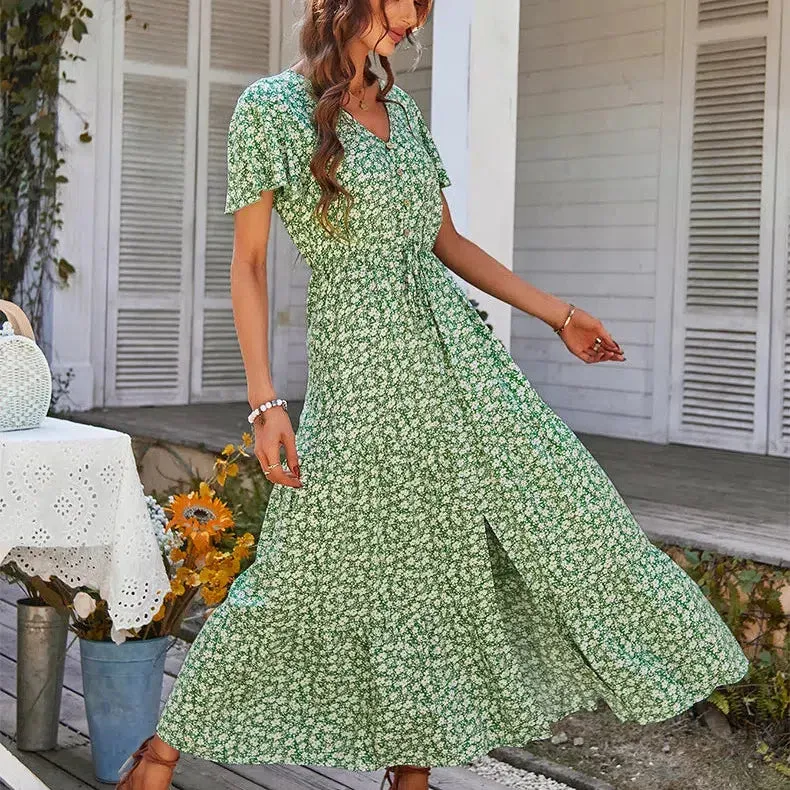 Vintage Floral Dresses for Women Elegant Loose Slit Dress