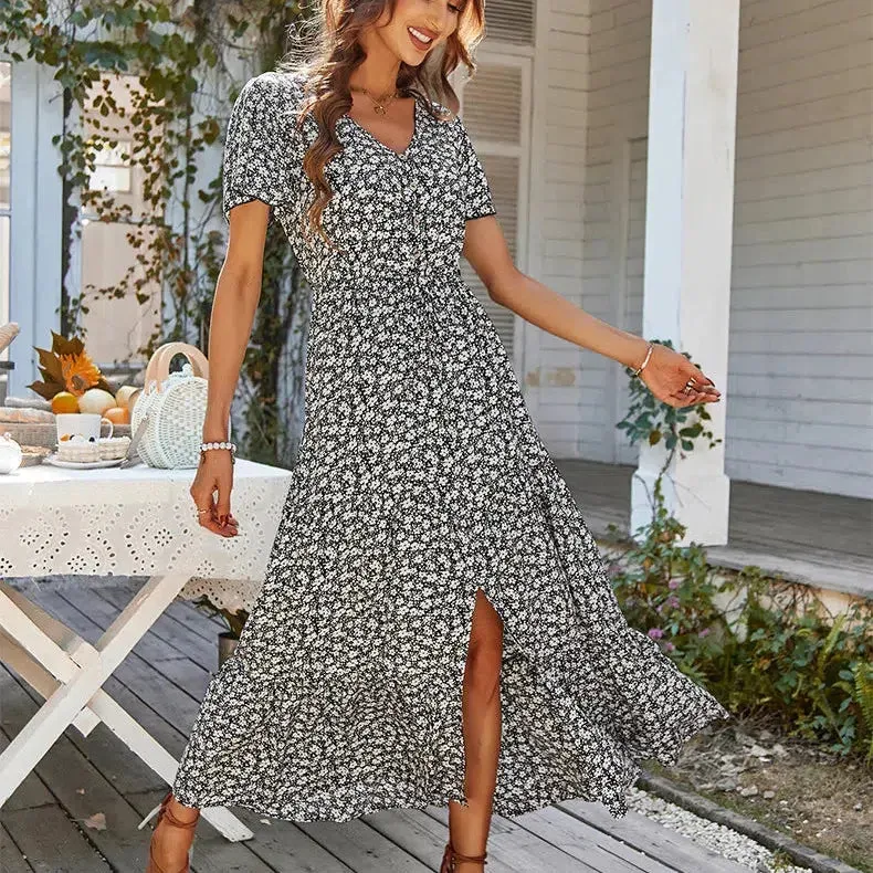 Vintage Floral Dresses for Women Elegant Loose Slit Dress