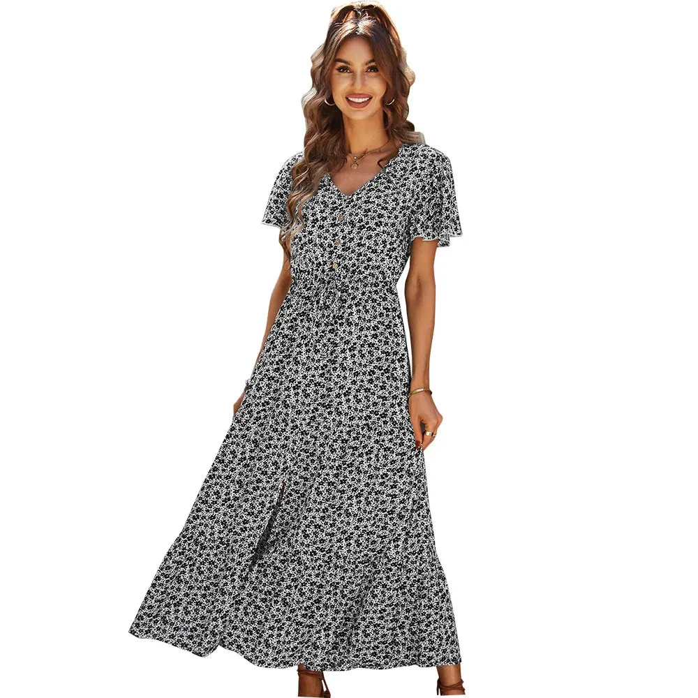Vintage Floral Dresses for Women Elegant Loose Slit Dress