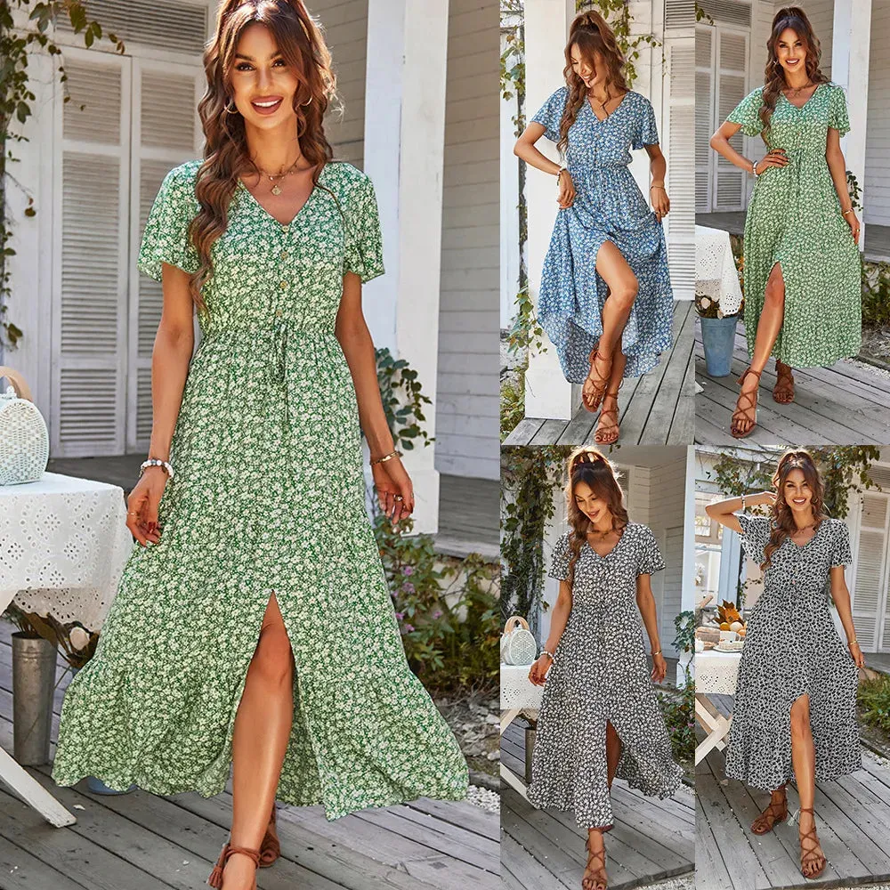 Vintage Floral Dresses for Women Elegant Loose Slit Dress
