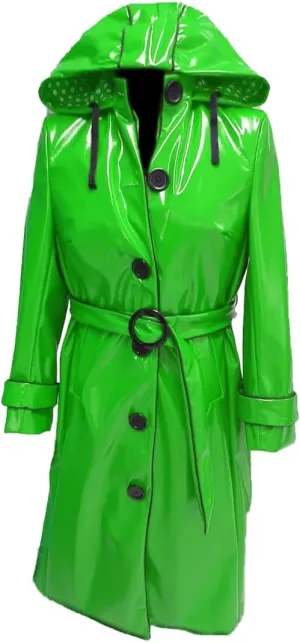 Women PVC Shiny Leather Hooded Light Weighted Raincoat Stylish Trench Long Coat
